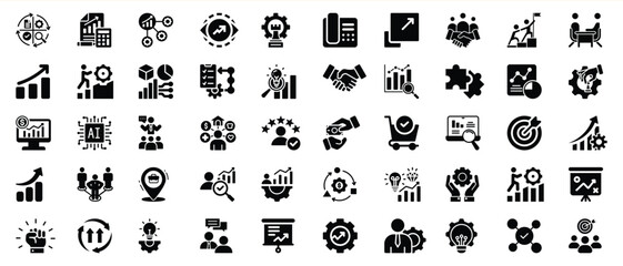 A collection of business and finance icons representing growth strategy and success