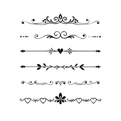Fototapeta premium Text dividers doodle set. Wedding decorative elements. Divider ornament, borders, vintage line separators. Hand drawn vector illustration isolated on white background. Gold text dividers doodle set. 