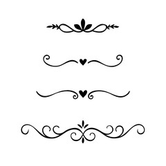  Text dividers doodle set. Wedding decorative elements. Divider ornament, borders, vintage line separators. Hand drawn vector illustration isolated on white background. Gold text dividers doodle set. 