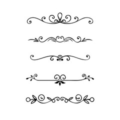 Obraz premium Text dividers doodle set. Wedding decorative elements. Divider ornament, borders, vintage line separators. Hand drawn vector illustration isolated on white background. Gold text dividers doodle set. 