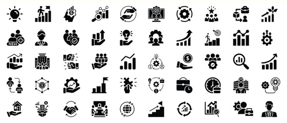 Set of black and white business strategy icons for modern corporate branding and concepts