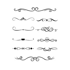  Text dividers doodle set. Wedding decorative elements. Divider ornament, borders, vintage line separators. Hand drawn vector illustration isolated on white background. Gold text dividers doodle set. 