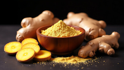 Fresh Ginger and Ground Ginger Powder on Black Background – Natural Spice and Health Remedy