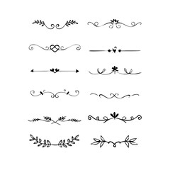 Obraz premium Text dividers doodle set. Wedding decorative elements. Divider ornament, borders, vintage line separators. Hand drawn vector illustration isolated on white background. Gold text dividers doodle set. 