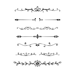 Obraz premium Text dividers doodle set. Wedding decorative elements. Divider ornament, borders, vintage line separators. Hand drawn vector illustration isolated on white background. Gold text dividers doodle set. 