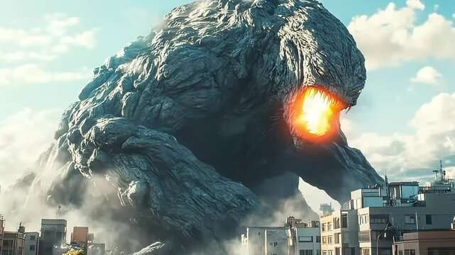 A colossal stone creature emerges from the city skyline, breathing fire amidst a bustling urban backdrop