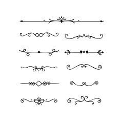 Obraz premium Text dividers doodle set. Wedding decorative elements. Divider ornament, borders, vintage line separators. Hand drawn vector illustration isolated on white background. Gold text dividers doodle set. 