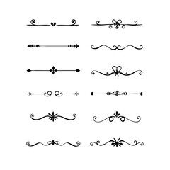 Text dividers doodle set. Wedding decorative elements. Divider ornament, borders, vintage line separators. Hand drawn vector illustration isolated on white background. Gold text dividers doodle set. 
