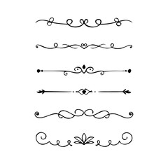 Obraz premium Text dividers doodle set. Wedding decorative elements. Divider ornament, borders, vintage line separators. Hand drawn vector illustration isolated on white background. Gold text dividers doodle set. 