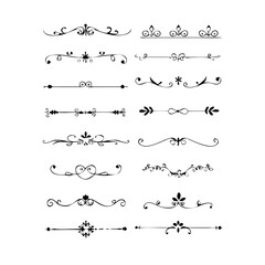 Text dividers doodle set. Wedding decorative elements. Divider ornament, borders, vintage line separators. Hand drawn vector illustration isolated on white background. Gold text dividers doodle set. 
