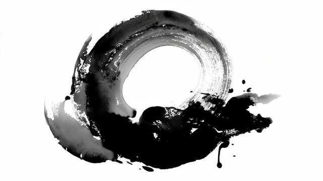 Abstract flowing brushstroke artistic expression with black paint splatters on white background creates dynamic and unique artistic composition
