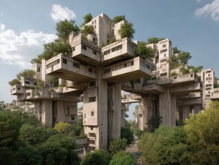 Fototapeta premium Futuristic Brutalist Architecture: Concrete buildings intertwined with nature's lush greenery under a bright sky.