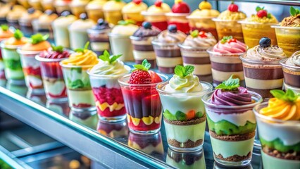 Assorted colorful dessert cups lined up in a neat and organized manner within a refrigerated glass case display , bakery, refrigerated case