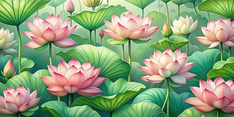Fototapeta premium Elegant lotus flowers in a floral seamless pattern with lush green leaves and stems, creating a serene and natural atmosphere, organic style, leaf design