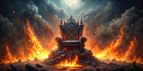 A demonic throne sits atop a mountain of burning embers and ash, surrounded by flames that lick at the dark stone, as the air above crackles with fiery energy , hellish throne, demonic seat