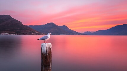 Seagull perched atop a weathered post, serene water, mountains, and a vibrant sunset sky