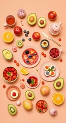 Colorful assortment of fruits beautifully arranged on pastel background in flat-lay style