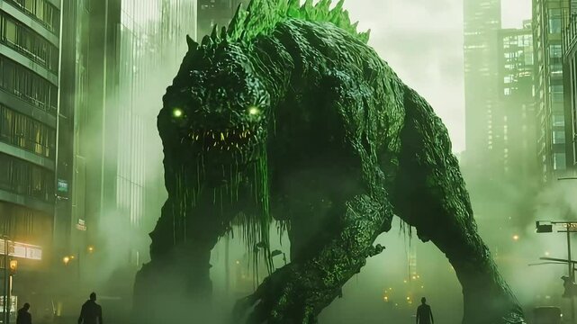 Enormous moss-covered creature towering over a foggy urban landscape, evoking a sense of awe and mystery
