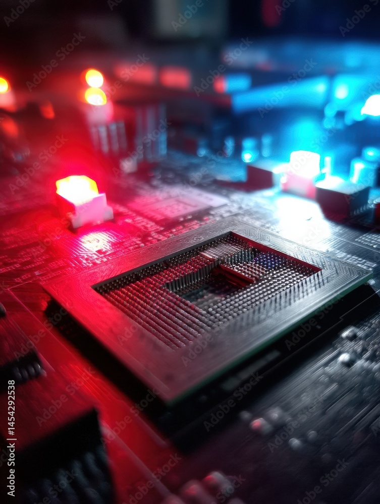 Leinwandbilder cracked cpu socket with red and blue lights pulsing from both sides on a circuit board at an electro