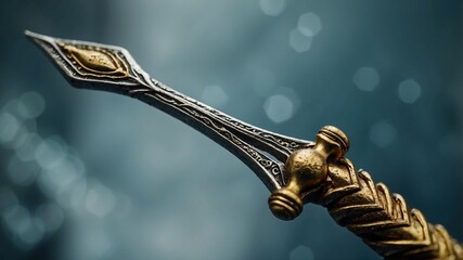 Elaborate Metallic Ceremonial Dagger with Gold and Silver Detailing on a Soft Blue Gradient Bokeh Backdrop
