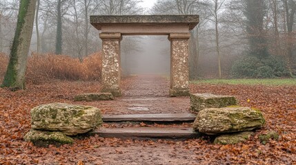 Stone Archway in Foggy Woods