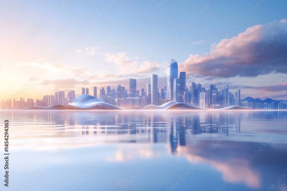 Aufkleber 水面と未来都市のパノラマ風景 青い空と雲 夕焼け時の高層ビル群が反射する水面