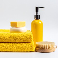 towels and soap and brush, yellow matching color,