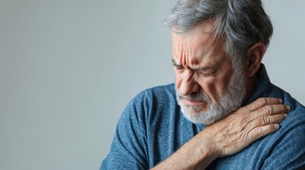 Elderly partners looking worried, gentle hand on shoulder, plain backdrop
