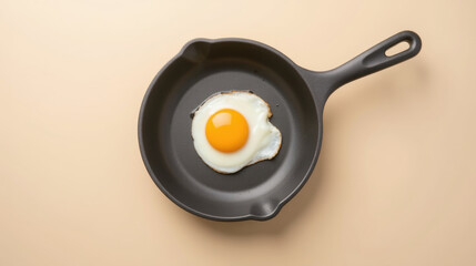 Fried egg in black frying pan on light background, showcasing bright yellow yolk and white edges, perfect for breakfast