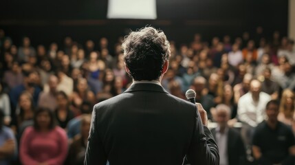 Employee giving motivational speech, audience in focus