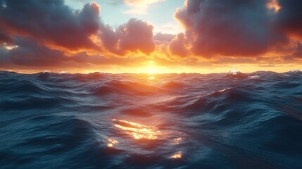 Obraz premium Dramatic seascape with fiery sunset reflecting on the oceanic waves