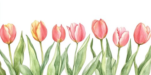 Colorful tulips blooming in nature botanical art watercolor