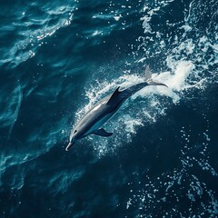Naklejka premium Dolphin gliding through the deep blue sea with splashing water.