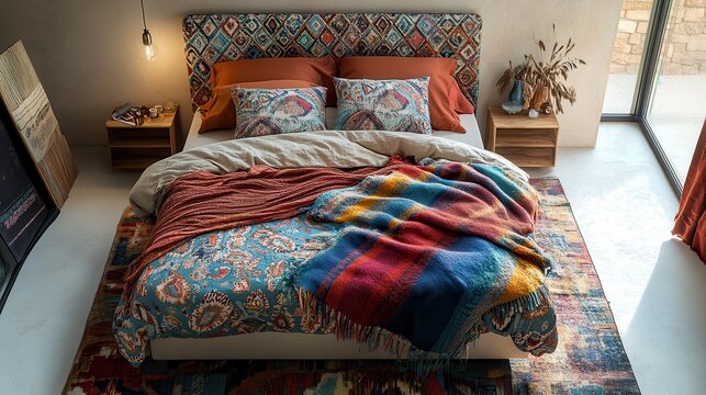 Cozy bedroom interior modern home photography warm atmosphere aerial view