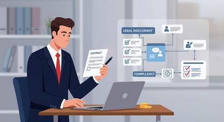 Document Approval Process with Businessman Approving on Laptop