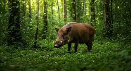 Obraz premium A wild boar walking through a lush tropical forest. 