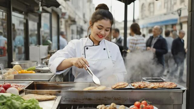 Chef cooks at open-air grill, stirring with confidence, bringing culinary craft to life through food, flavor and fire