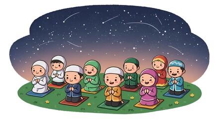 Naklejka premium Children are praying together outside under a beautiful night sky filled with stars and shooting stars. 