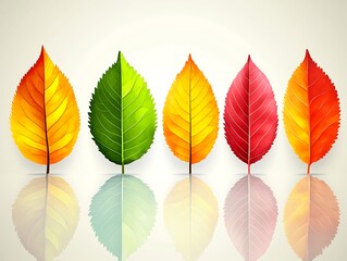 Obraz premium Colorful leaves show stages of change, reflecting on a light surface. Nature's autumn transition