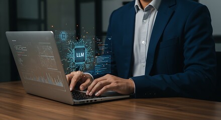 LLM and Custom AI Solutions with Businessman Training AI on Laptop