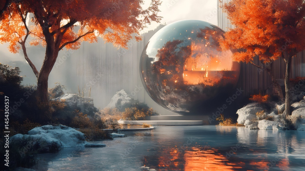 Poster オレンジ色の紅葉と球体のオブジェがある庭園の風景画 水面に反射する光が美しい 自然とアートが融合した穏やかなシーン