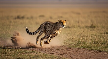 Naklejka premium A cheetah in full sprint, kicking up dust as it races across the savanna. 