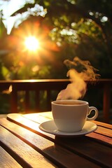 Morning coffee on patio, golden sun