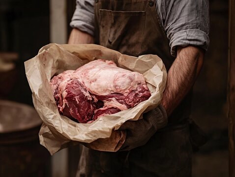 Farmhand carrying fresh cuts of meat rustic butcher shop photography dim lighting close-up culinary art