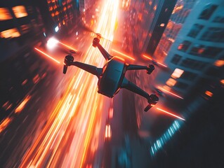 High-speed drone racing event urban cityscape cinematic aerial view futuristic environment dynamic motion concept