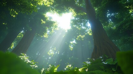 Sunlight streams through towering forest trees, illuminating lush green foliage