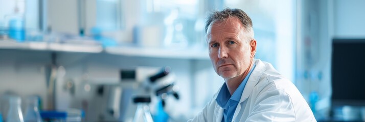 Serious male doctor working in a laboratory environment. Healthcare professional focused on medical research.