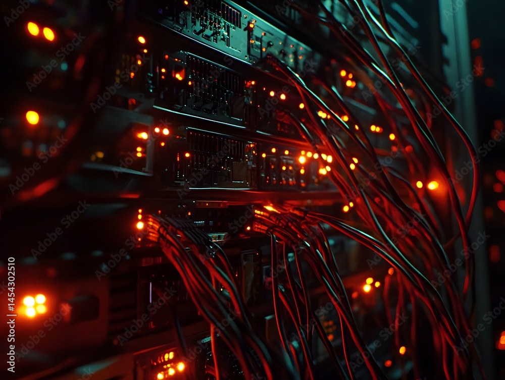 Poster a close-up view of server hardware showcasing tangled wires and illuminated indicators, representing