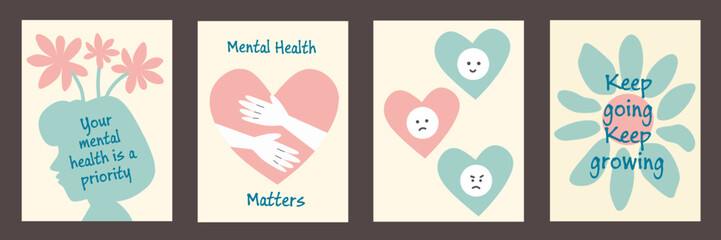 World Mental Health Day Background set. Mental Health care concept, heart shaped on soft white color. Poster, Banner, Flyer, Template, Social Media Post. Mental wellness. October. Vector illustration.