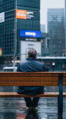 Solitude in the City: A lone figure sits on a park bench, his back turned to the bustling city, lost in thought amidst the rain and towering buildings.